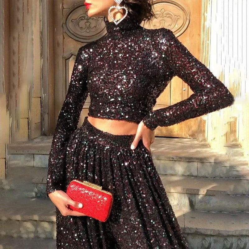 Conjunto Vestido Lentejuelas Cuello Alto y Manga Larga