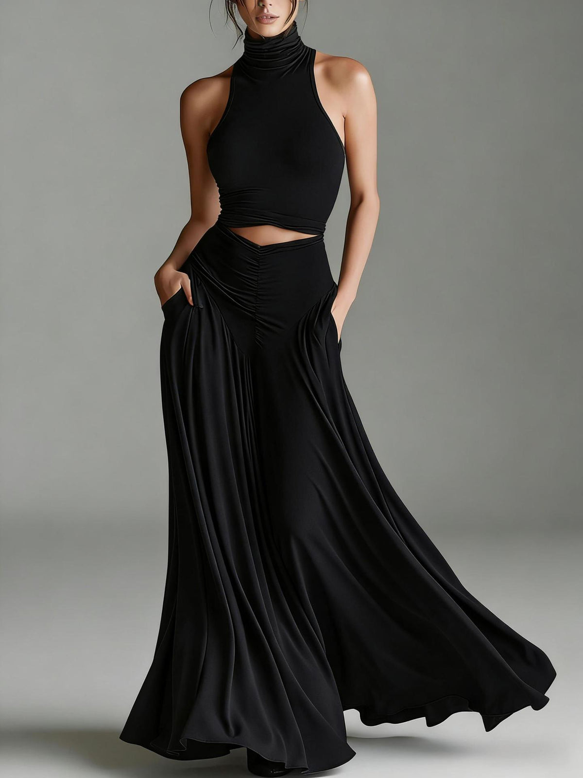 Conjunto Top Cuello Alto Sin Mangas y Vestido Largo