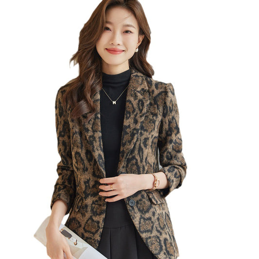 Americana Estampado Leopardo Mezcla Lana Mujer
