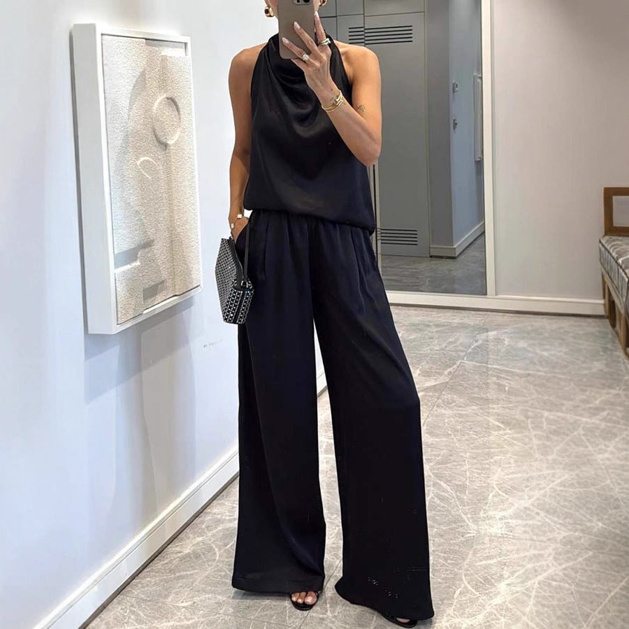 Conjunto Satén Top Halter y Pantalón Palazzo