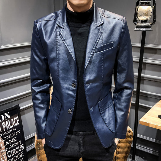 Cazadora Cuero PU Slim Fit Cuello Traje Hombre