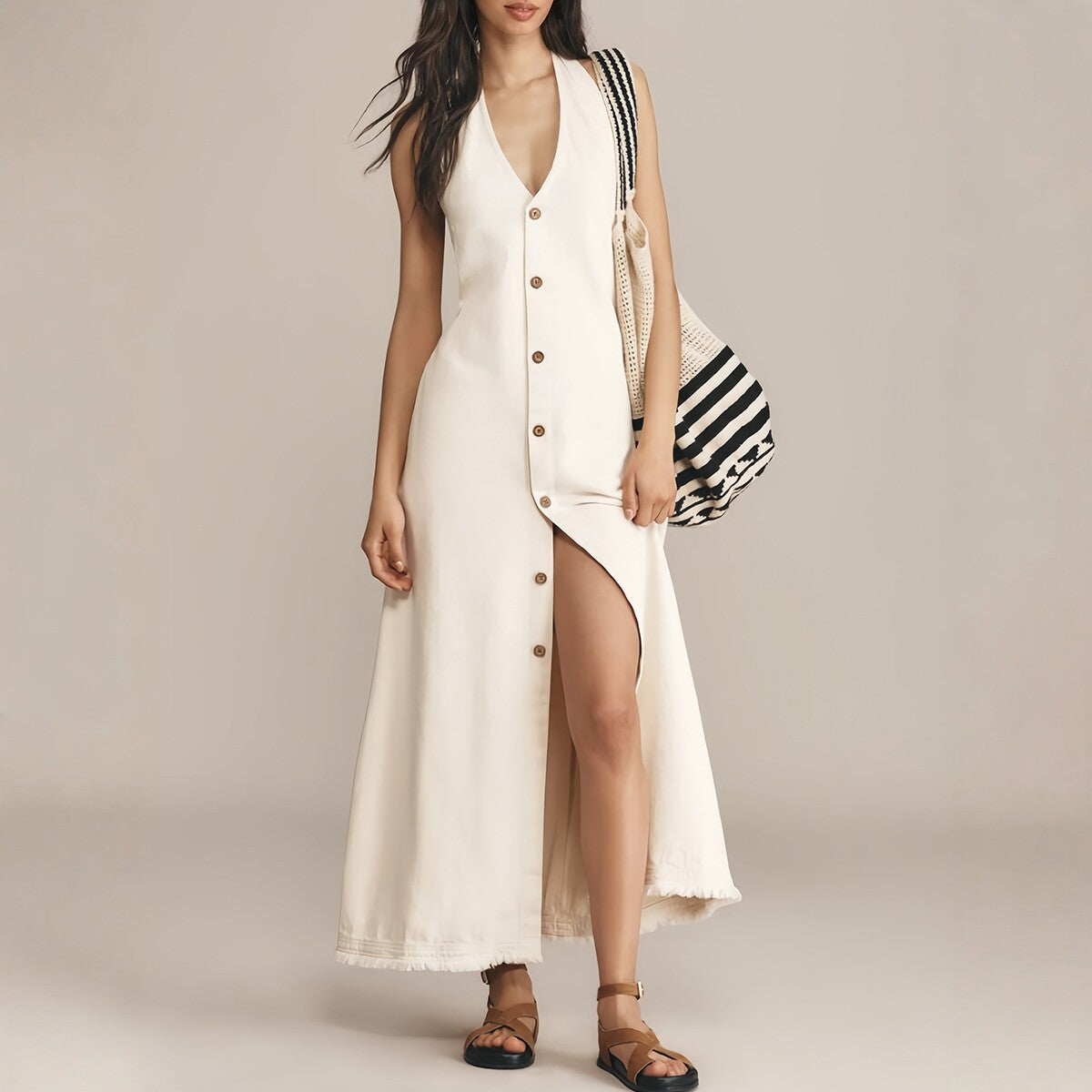 Vestido Largo Blanco Escote V Sin Mangas