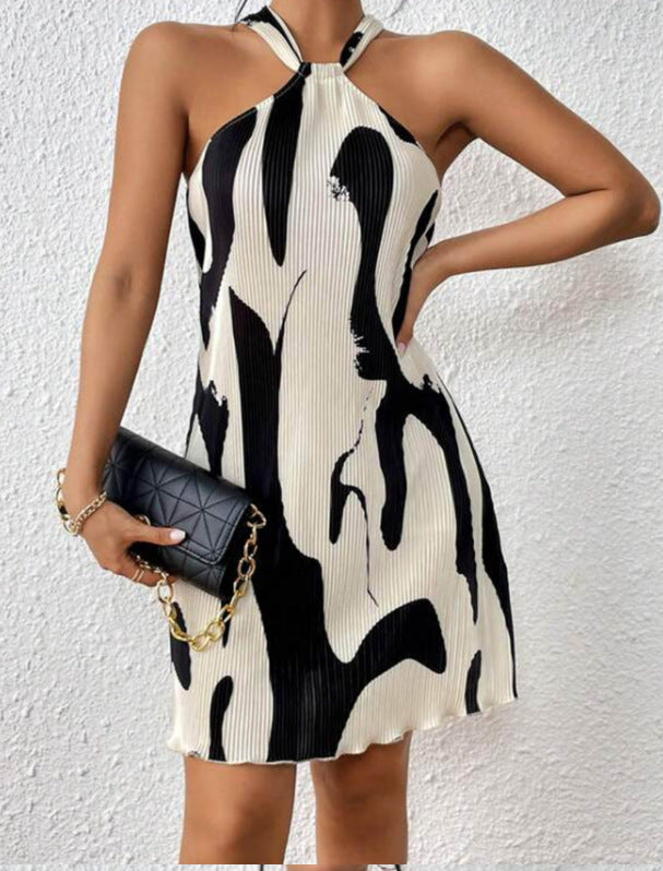 Vestido Mini Halter Estampado Abstracto Plisado