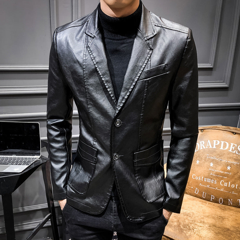 Cazadora Cuero PU Slim Fit Cuello Traje Hombre