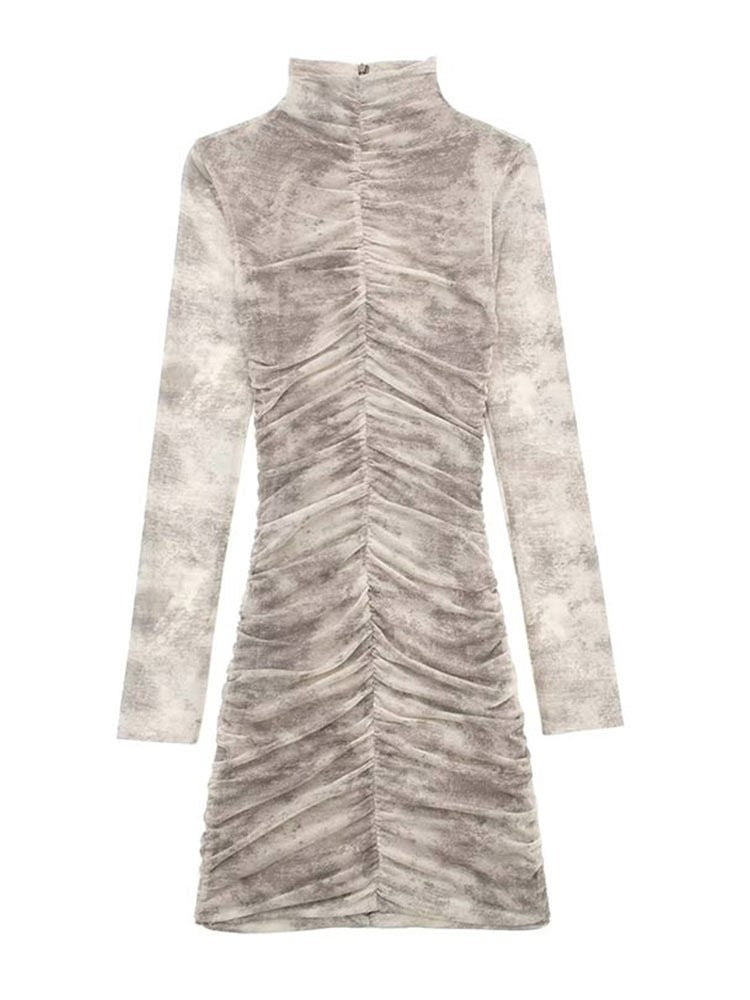 Vestido Tul Plisado Estampado Manga Larga Mujer