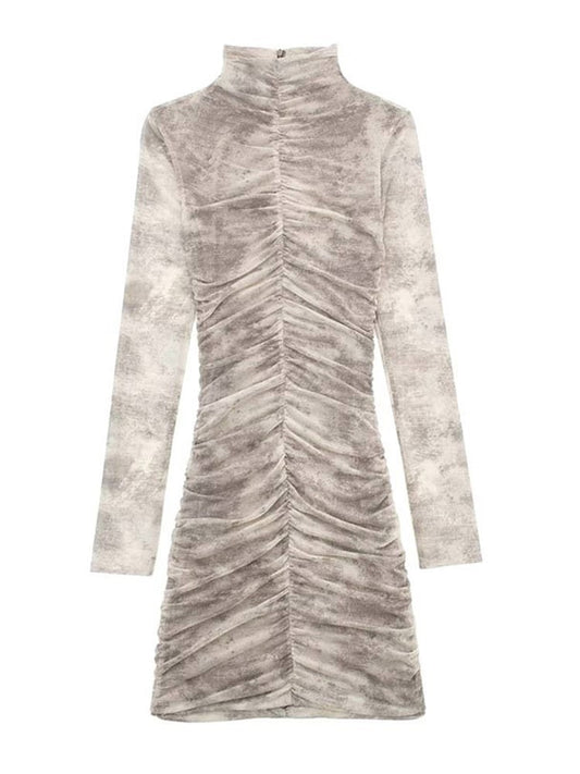 Vestido Tul Plisado Estampado Manga Larga Mujer