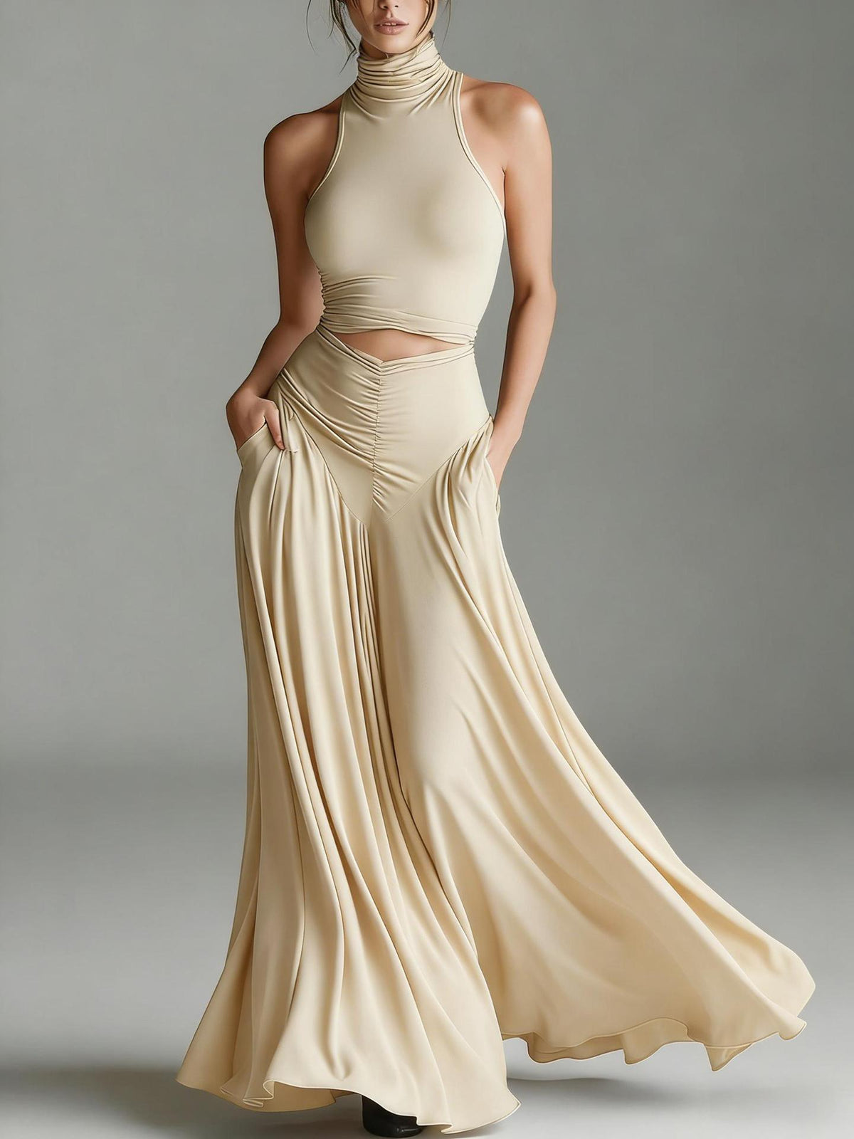 Conjunto Top Cuello Alto Sin Mangas y Vestido Largo