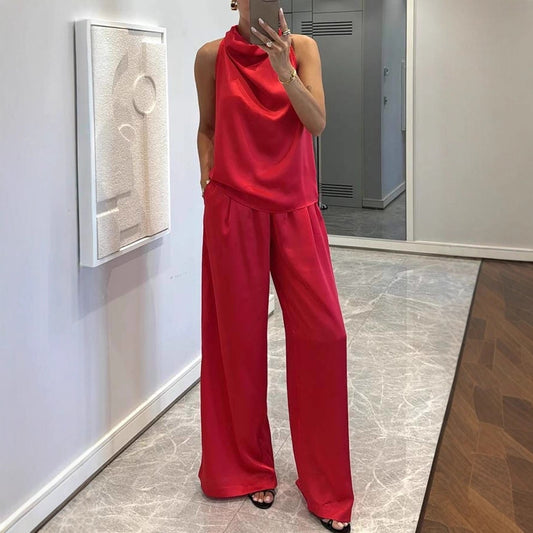 Conjunto Satén Top Halter y Pantalón Palazzo
