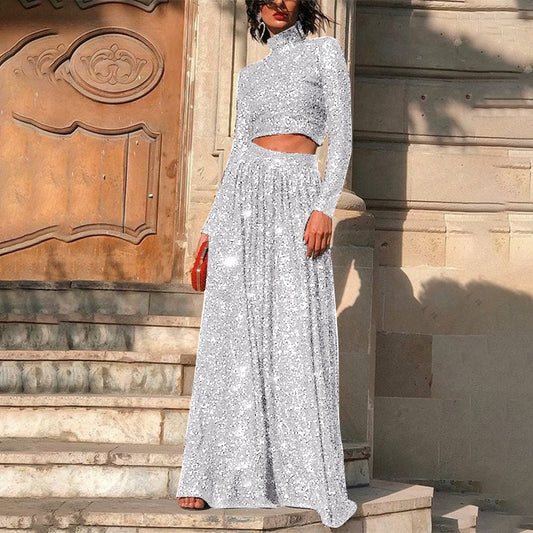 Conjunto Vestido Lentejuelas Cuello Alto y Manga Larga
