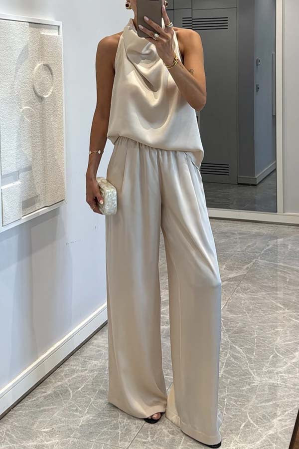 Conjunto Satén Top Halter y Pantalón Palazzo