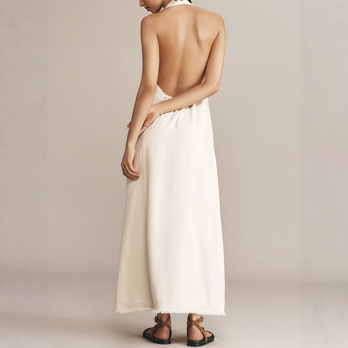 Vestido Largo Blanco Escote V Sin Mangas