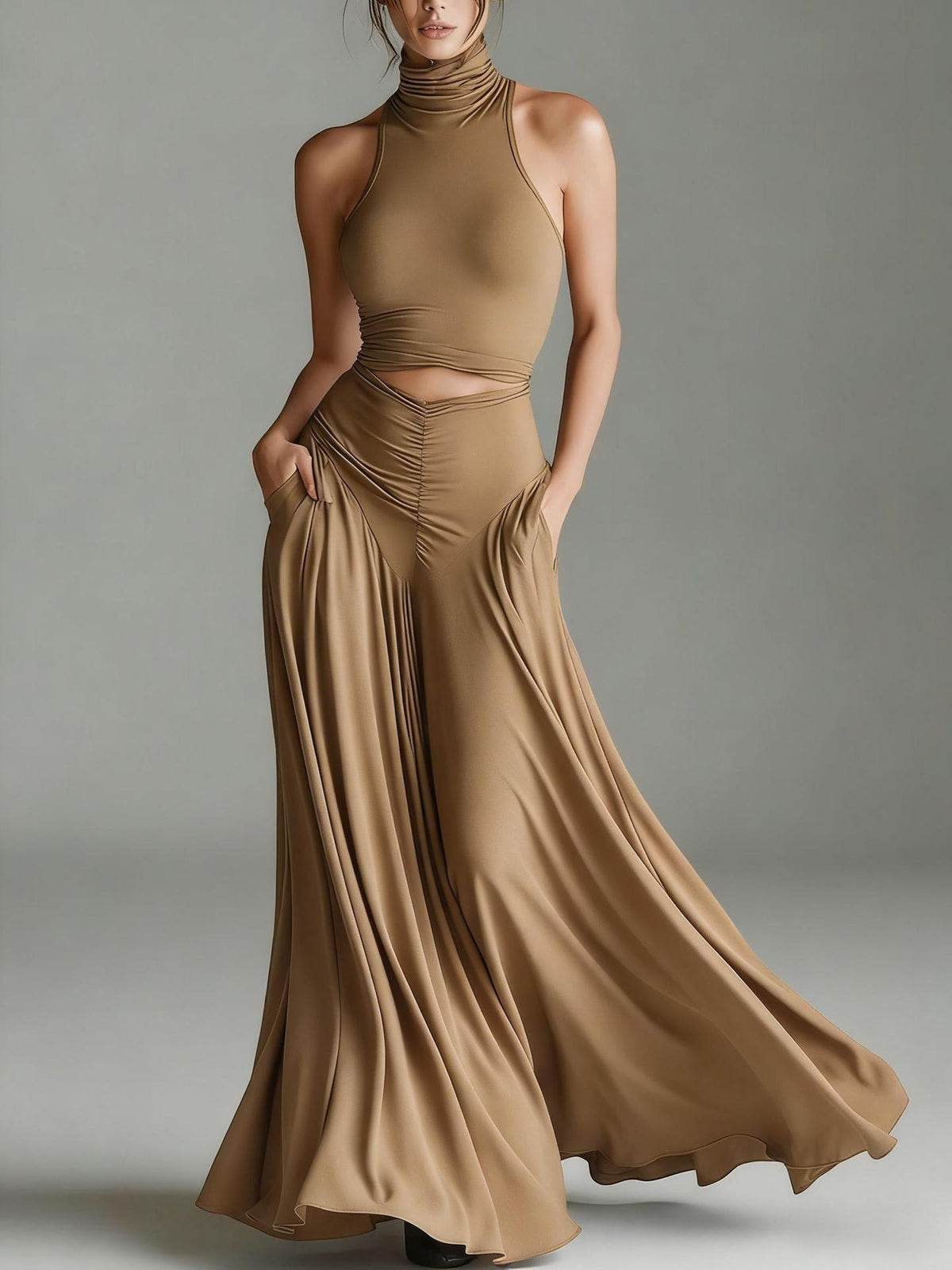 Conjunto Top Cuello Alto Sin Mangas y Vestido Largo