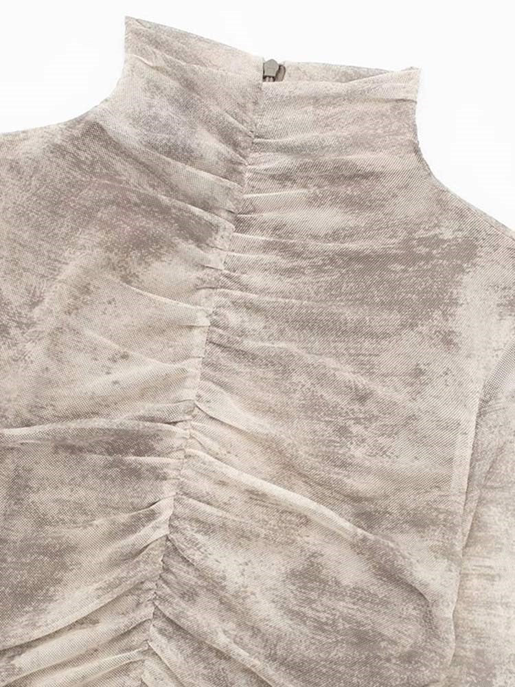 Vestido Tul Plisado Estampado Manga Larga Mujer