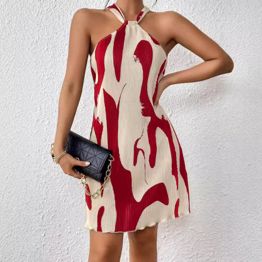 Vestido Mini Halter Estampado Abstracto Plisado