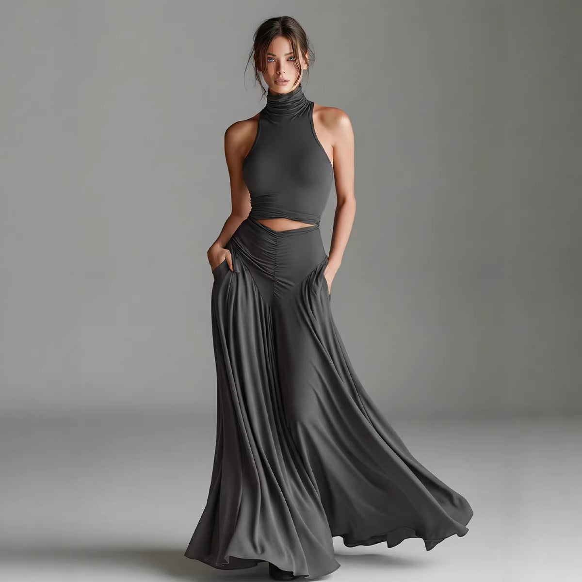 Conjunto Top Cuello Alto Sin Mangas y Vestido Largo