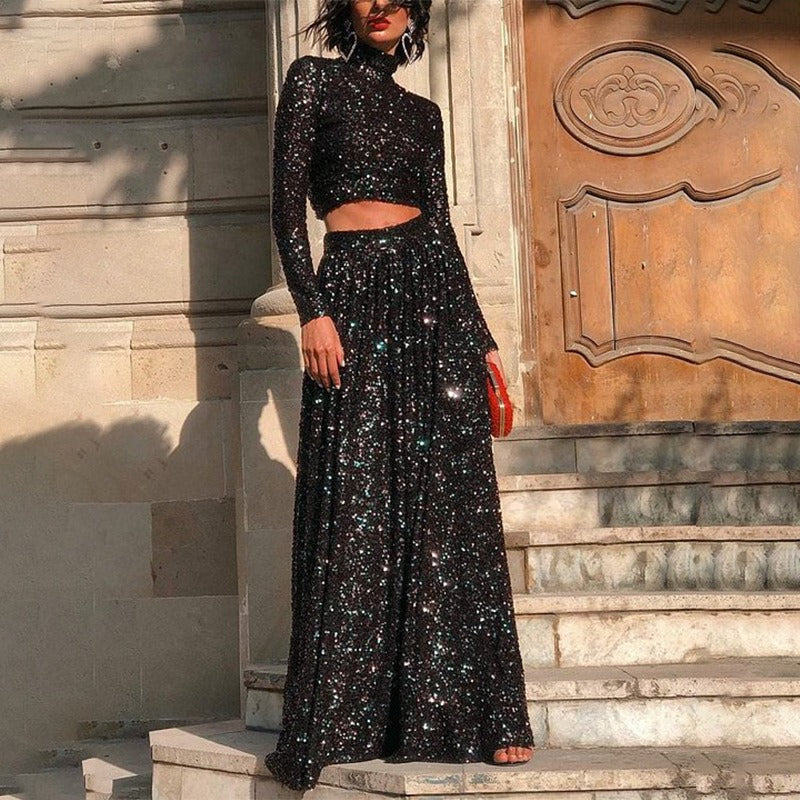 Conjunto Vestido Lentejuelas Cuello Alto y Manga Larga