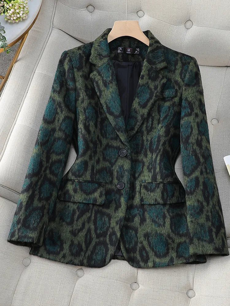 Americana Estampado Leopardo Mezcla Lana Mujer