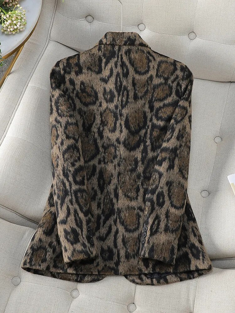 Americana Estampado Leopardo Mezcla Lana Mujer