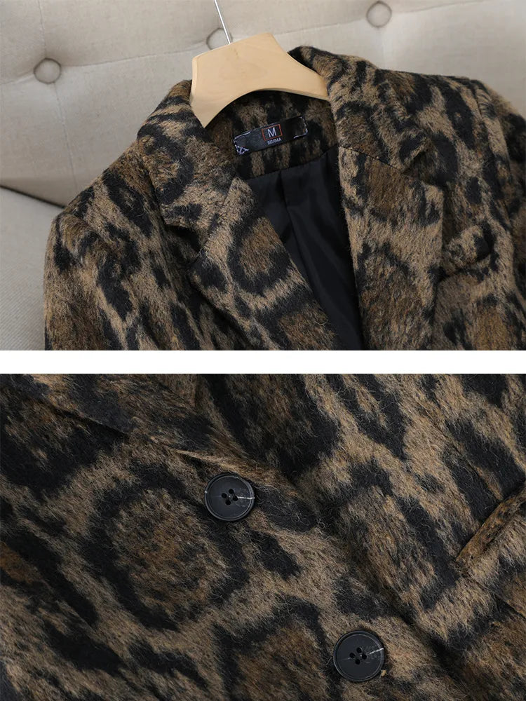Americana Estampado Leopardo Mezcla Lana Mujer