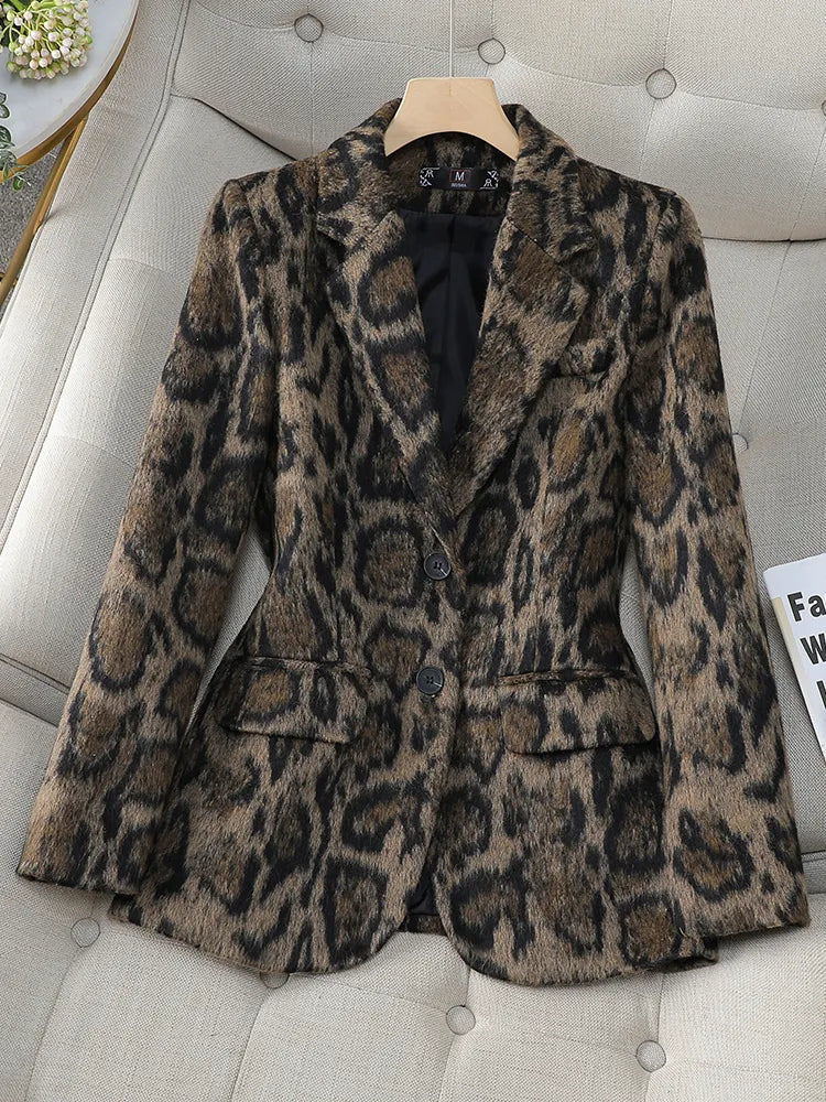 Americana Estampado Leopardo Mezcla Lana Mujer